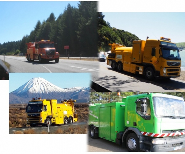 A collage of different SCRIM vehicles on the road merged into one photo