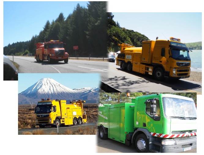 A collage of different SCRIM vehicles on the road merged into one photo